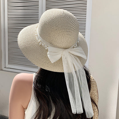 Lace Bow Pearl Big Brim Face-looking Sun-proof And Breathable Sun Fisherman Hat GlamzKart