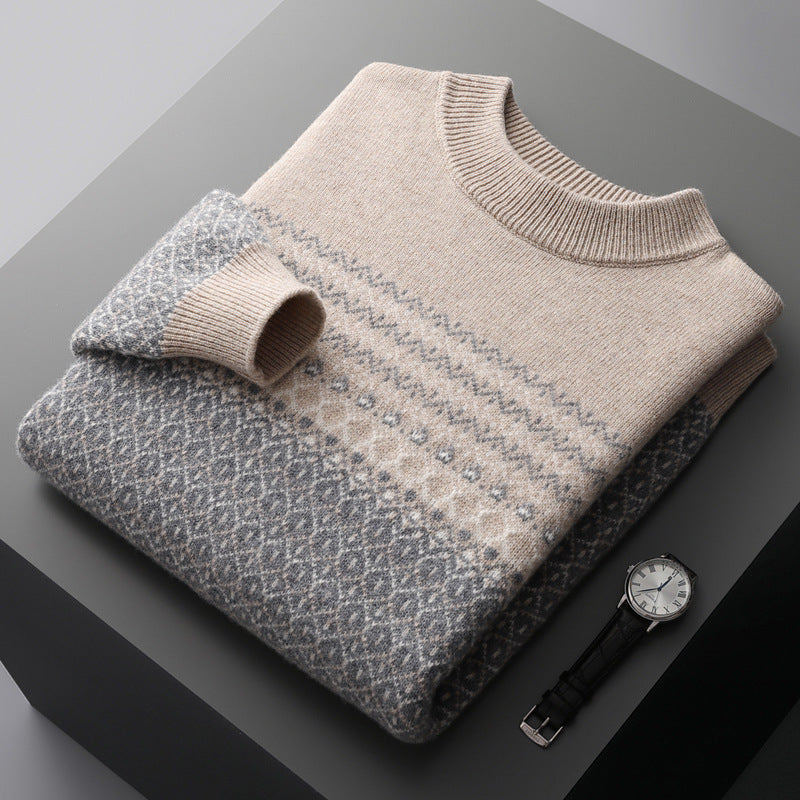 Men's Pure Wool Sweater Loose-fitting Casual Round-neck Color Matching Camel GlamzKart