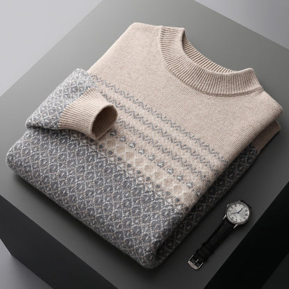 Men's Pure Wool Sweater Loose-fitting Casual Round-neck Color Matching Camel GlamzKart