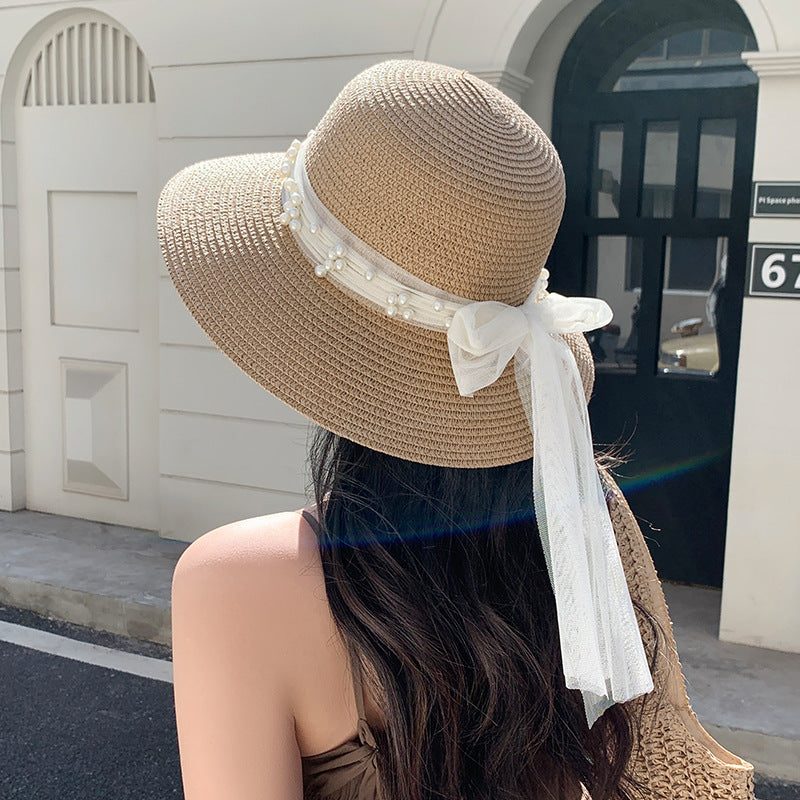 Lace Bow Pearl Big Brim Face-looking Sun-proof And Breathable Sun Fisherman Hat GlamzKart