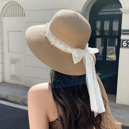 Lace Bow Pearl Big Brim Face-looking Sun-proof And Breathable Sun Fisherman Hat GlamzKart