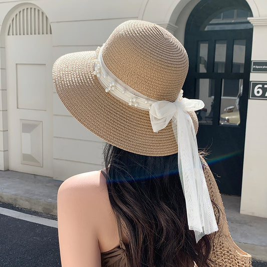 Lace Bow Pearl Big Brim Face-looking Sun-proof And Breathable Sun Fisherman Hat GlamzKart