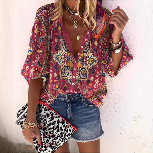Women's Retro Fashion Stand Collar Loose Button Printed Casual Shirt GlamzKart