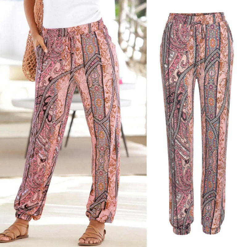 Women's Elastic Waist Printed Pocket Lace-up Leggings Pink GlamzKart