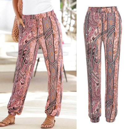 Women's Elastic Waist Printed Pocket Lace-up Leggings Pink GlamzKart