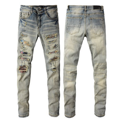 Meigao Street Vintage Crumpled Ripped Cat Beard Patch Printed Jeans Men GlamzKart