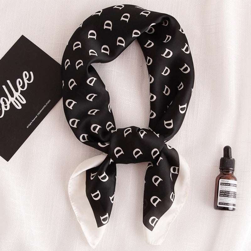Female Hood Fashionable Silky Satin Wrapped Breathable Letter D Black 70x70cm GlamzKart