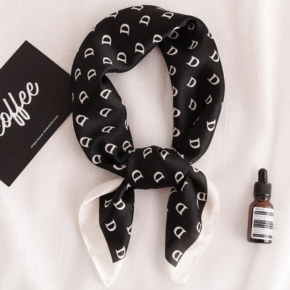Female Hood Fashionable Silky Satin Wrapped Breathable Letter D Black 70x70cm GlamzKart