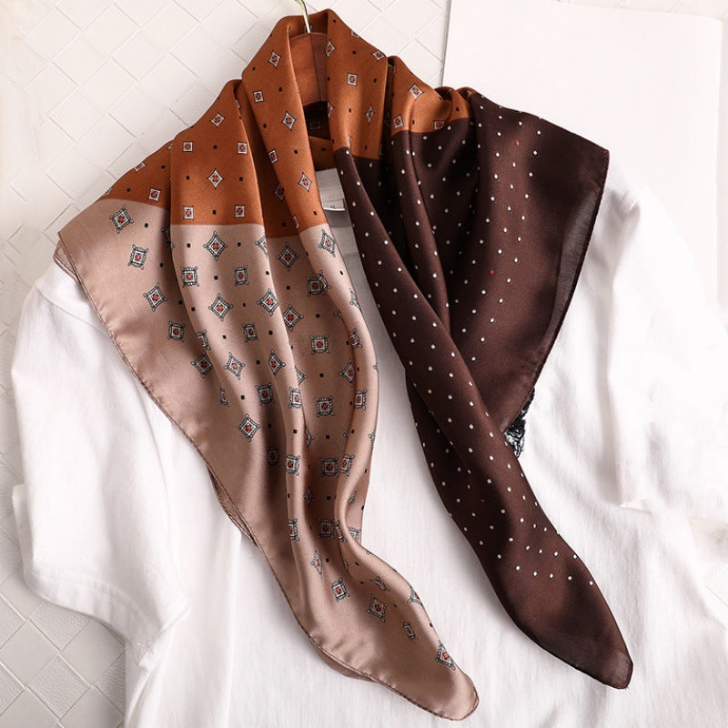 Female Hood Fashionable Silky Satin Wrapped Breathable Polka Dot Stitching Coffee 70x70cm GlamzKart