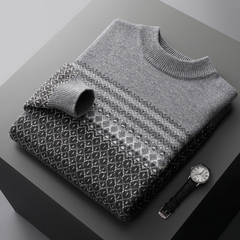 Men's Pure Wool Sweater Loose-fitting Casual Round-neck Color Matching Gray GlamzKart