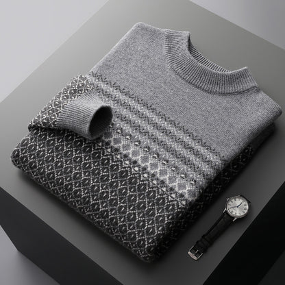 Men's Pure Wool Sweater Loose-fitting Casual Round-neck Color Matching Gray GlamzKart