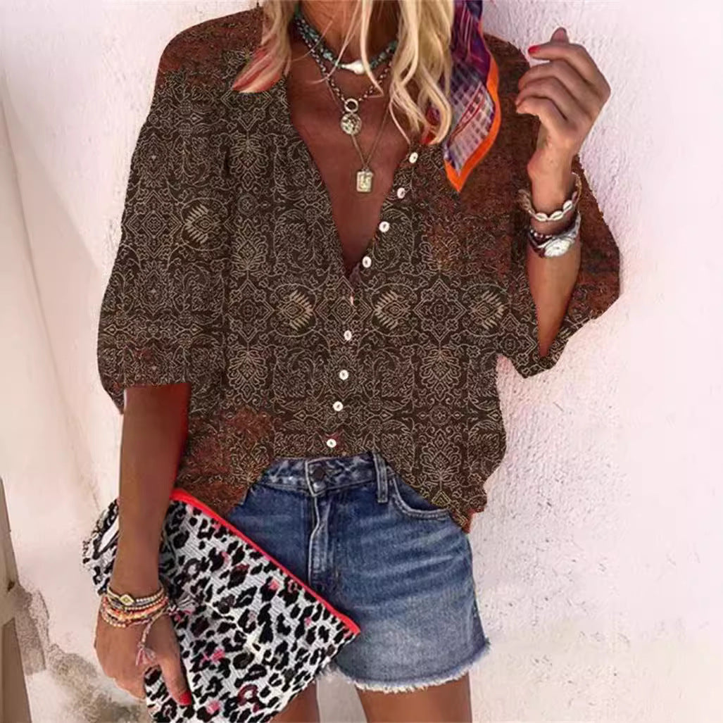Women's Retro Fashion Stand Collar Loose Button Printed Casual Shirt GlamzKart