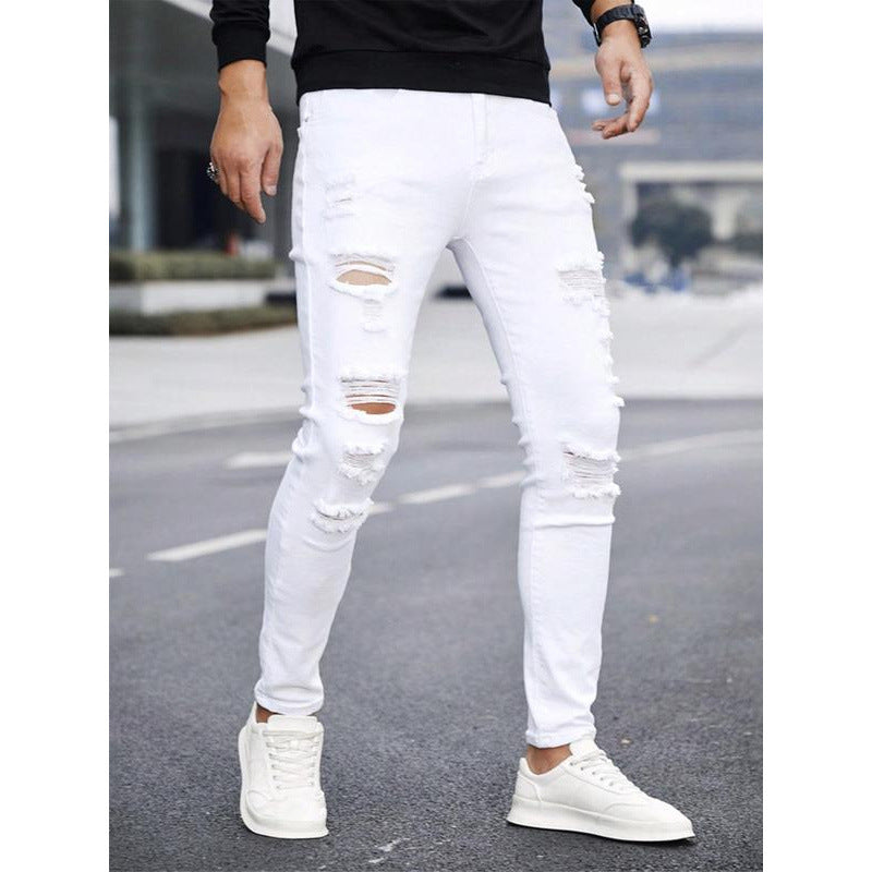 Men's Solid Color Cuffed Straight Jeans Casual And Comfortable Slim Fit GlamzKart