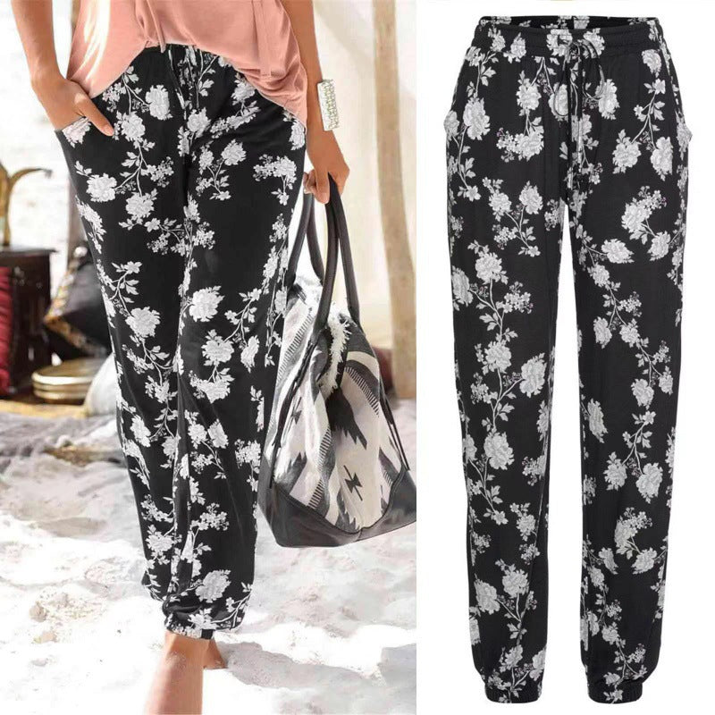 Women's Elastic Waist Printed Pocket Lace-up Leggings White GlamzKart