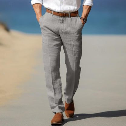 Men's Straight Thin Cotton And Linen Casual Solid Color Trousers Light Gray GlamzKart