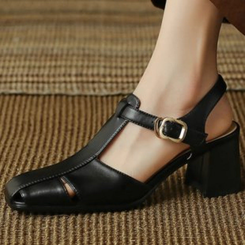 Hollow Retro Closed Toe Chunky Heel Sandals For Women Black GlamzKart
