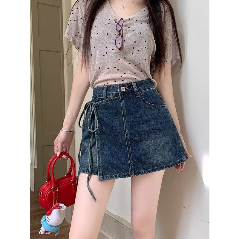 Fake Two Pieces Denim Shorts Summer A- Line High Waist Irregular GlamzKart