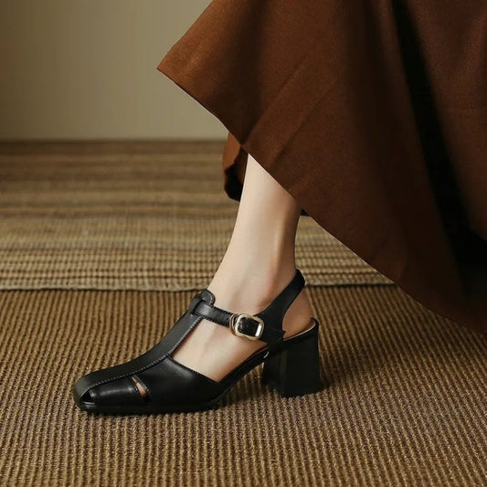 Hollow Retro Closed Toe Chunky Heel Sandals For Women GlamzKart