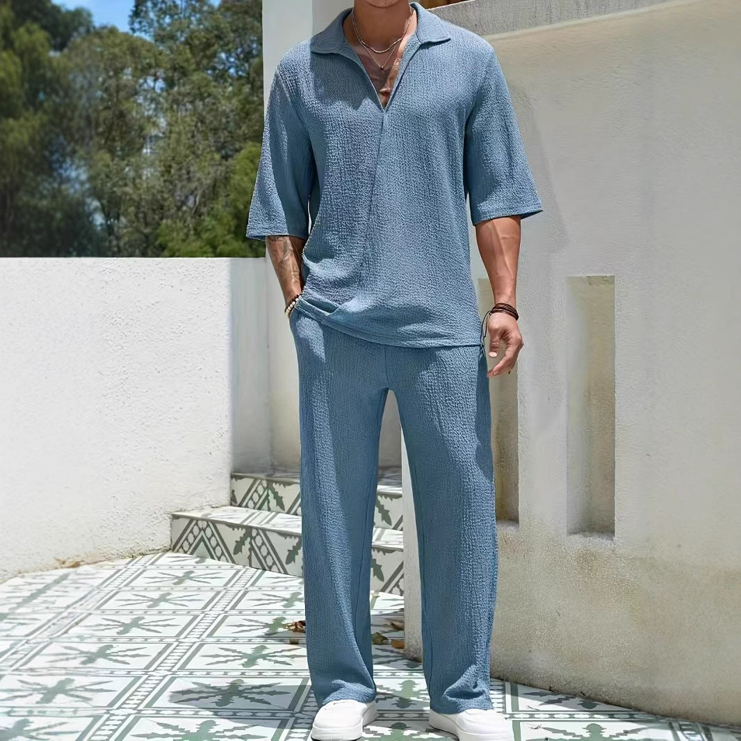 Commuter Men's Casual Shirt Solid Color Half Sleeve Trousers Two-piece Suit GlamzKart