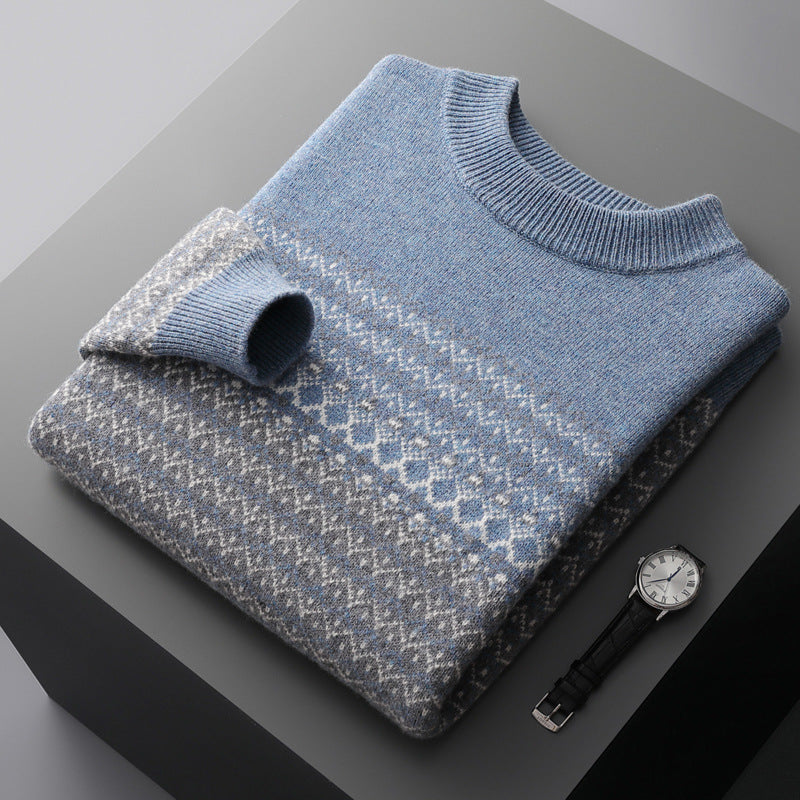 Men's Pure Wool Sweater Loose-fitting Casual Round-neck Color Matching Blue GlamzKart