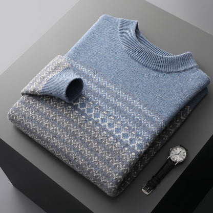 Men's Pure Wool Sweater Loose-fitting Casual Round-neck Color Matching Blue GlamzKart