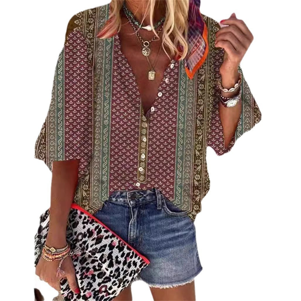 Women's Retro Fashion Stand Collar Loose Button Printed Casual Shirt GlamzKart