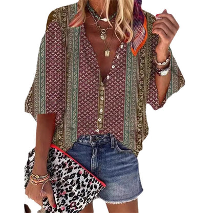 Women's Retro Fashion Stand Collar Loose Button Printed Casual Shirt GlamzKart