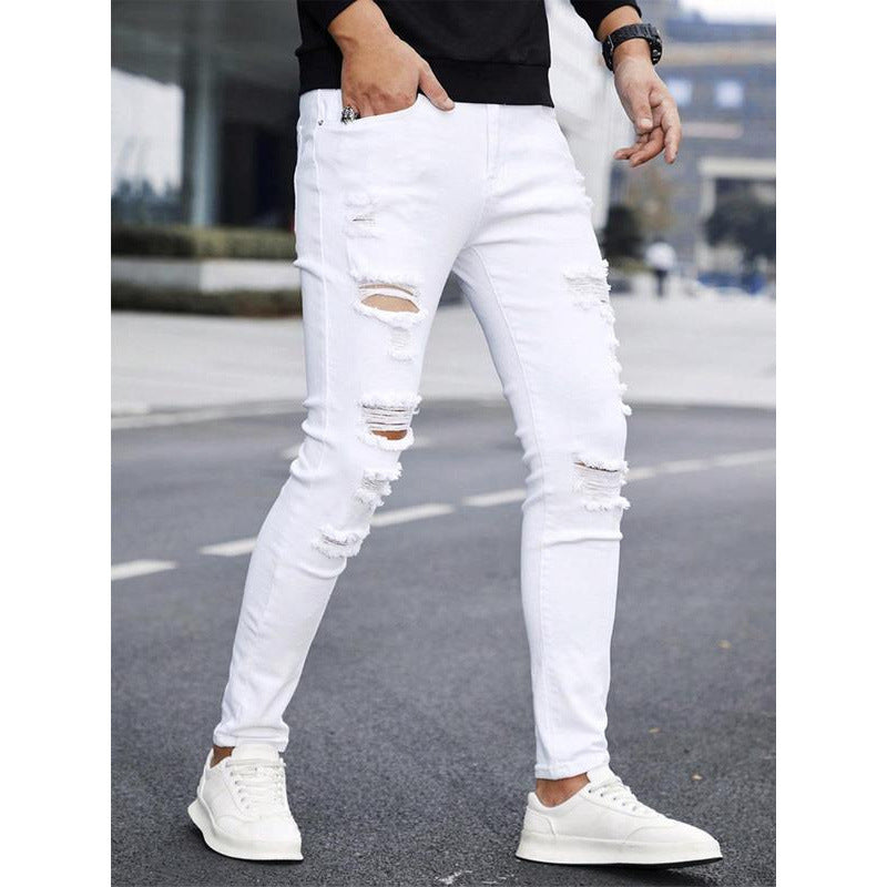 Men's Solid Color Cuffed Straight Jeans Casual And Comfortable Slim Fit GlamzKart