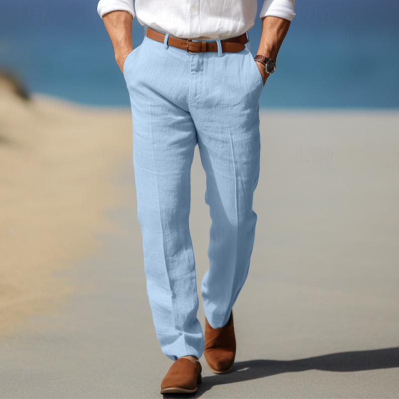 Men's Straight Thin Cotton And Linen Casual Solid Color Trousers Sky Blue GlamzKart