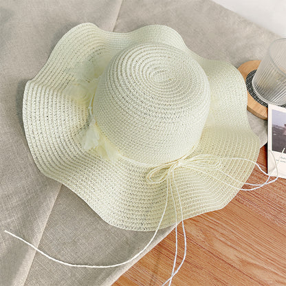 Sun-proof Bow Seaside Vacation Beach Large Straw Hat Milky White GlamzKart