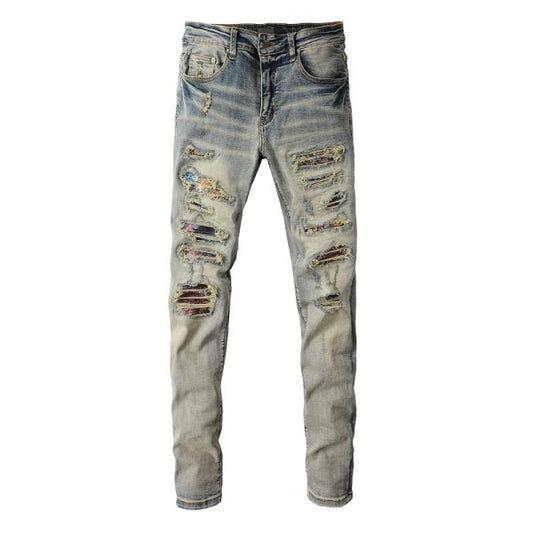Meigao Street Vintage Crumpled Ripped Cat Beard Patch Printed Jeans Men GlamzKart