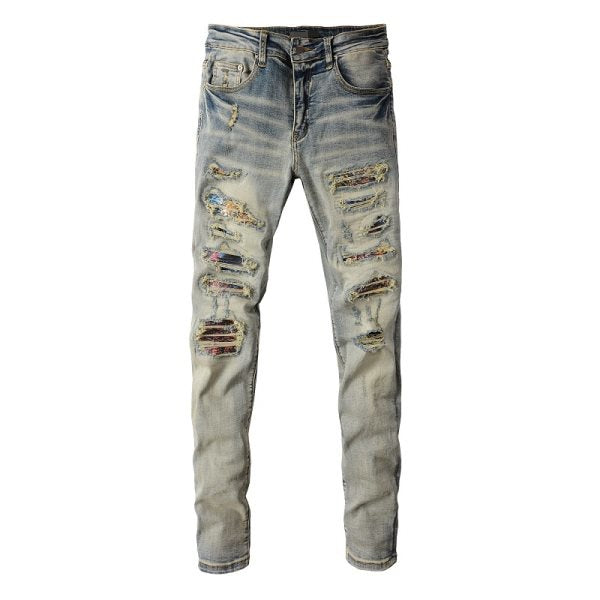 Meigao Street Vintage Crumpled Ripped Cat Beard Patch Printed Jeans Men 876Color GlamzKart