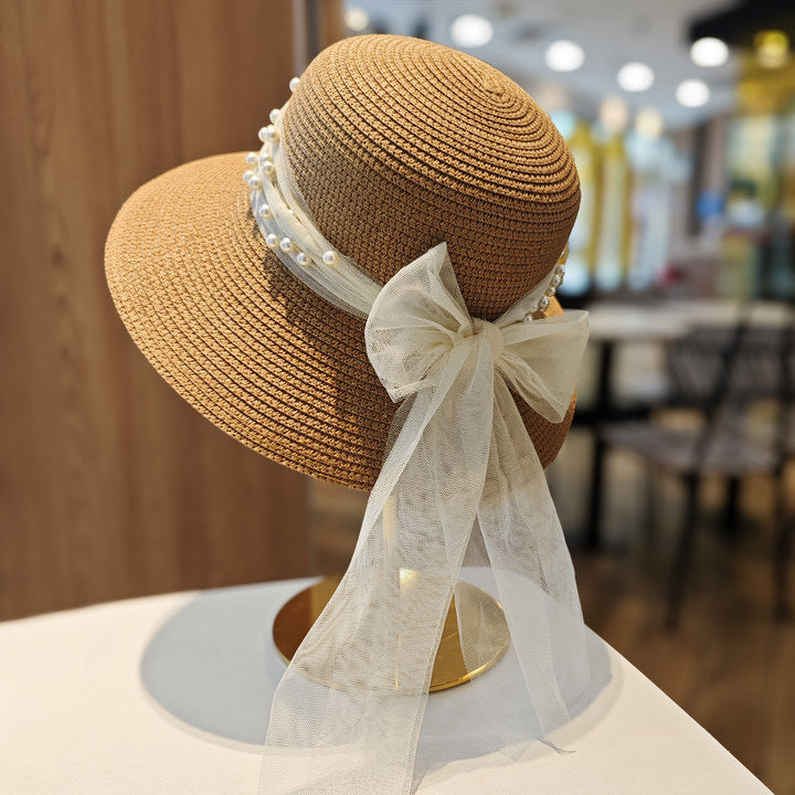 Lace Bow Pearl Big Brim Face-looking Sun-proof And Breathable Sun Fisherman Hat Khaki Pearl Mesh Straw Hat GlamzKart