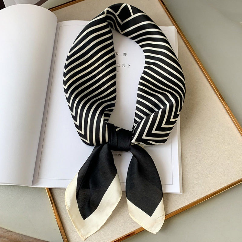 Female Hood Fashionable Silky Satin Wrapped Breathable Nordic Stripes Black 70x70cm GlamzKart