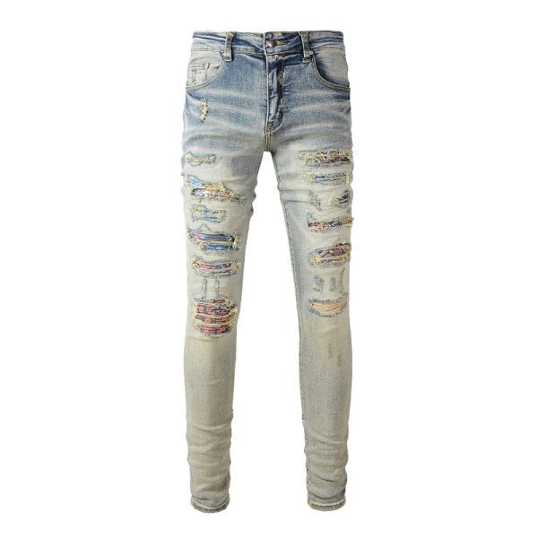 Meigao Street Vintage Crumpled Ripped Cat Beard Patch Printed Jeans Men GlamzKart