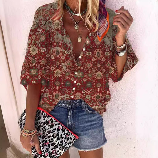 Women's Retro Fashion Stand Collar Loose Button Printed Casual Shirt GlamzKart