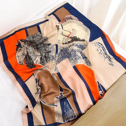 Female Hood Fashionable Silky Satin Wrapped Breathable Steed Navy Blue Orange 70x70cm GlamzKart