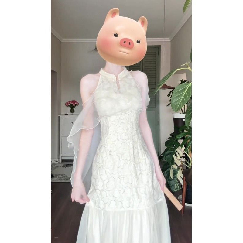 New Chinese Gentle Temperament Jacquard Sleeveless Halter Dress GlamzKart