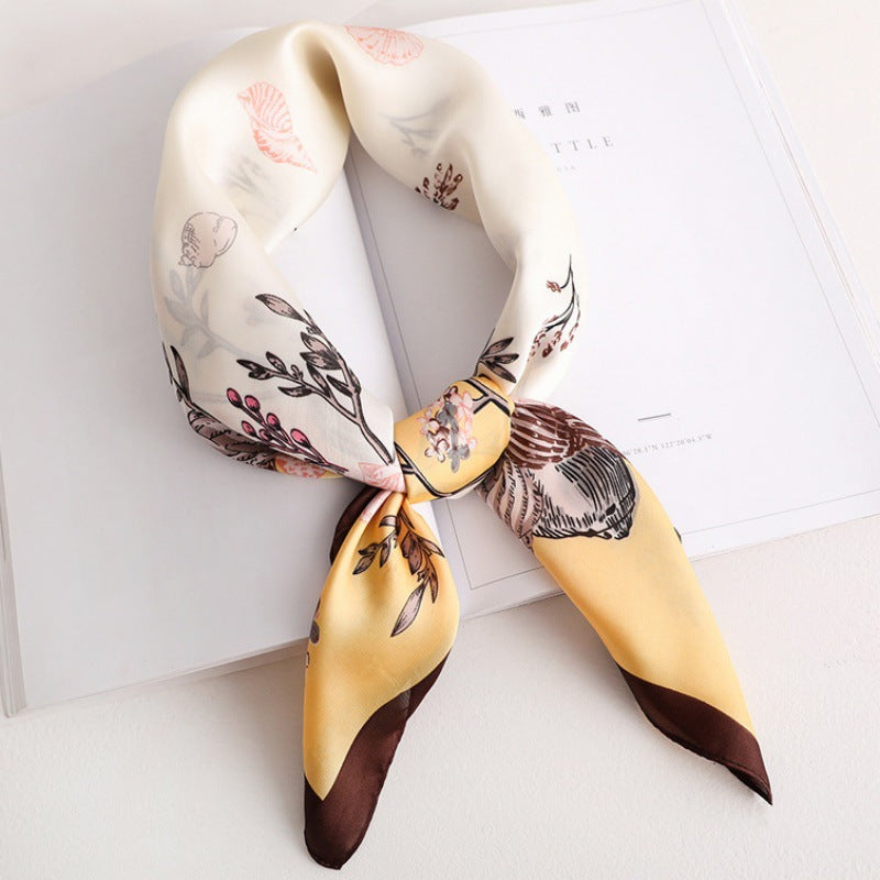 Female Hood Fashionable Silky Satin Wrapped Breathable Baihua Yimei Xueya Yellow 70x70cm GlamzKart