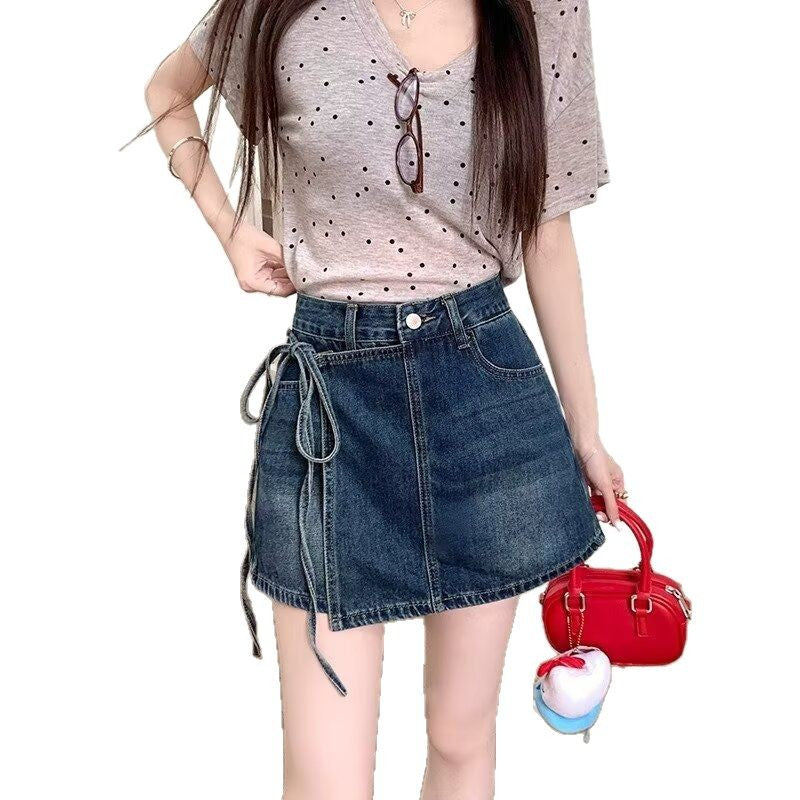 Fake Two Pieces Denim Shorts Summer A- Line High Waist Irregular GlamzKart
