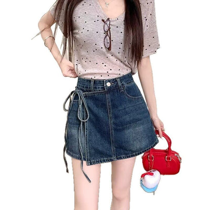 Fake Two Pieces Denim Shorts Summer A- Line High Waist Irregular GlamzKart