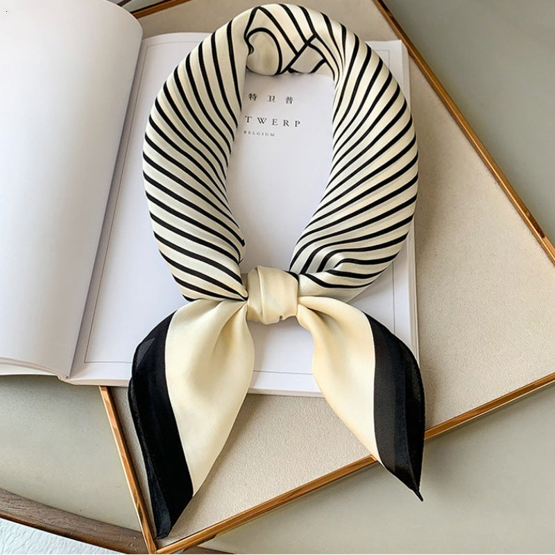 Female Hood Fashionable Silky Satin Wrapped Breathable Nordic Stripes Beige 70x70cm GlamzKart