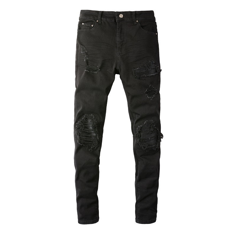 Jeans Men's High Street Fashion Brand Street Ripped Jeans Black GlamzKart