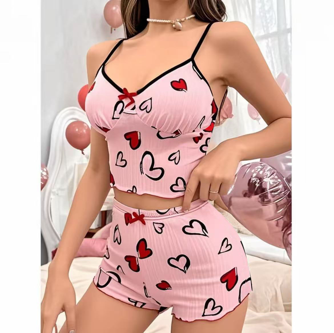Women's Heart Shape Printed Pajamas Suit Pink GlamzKart