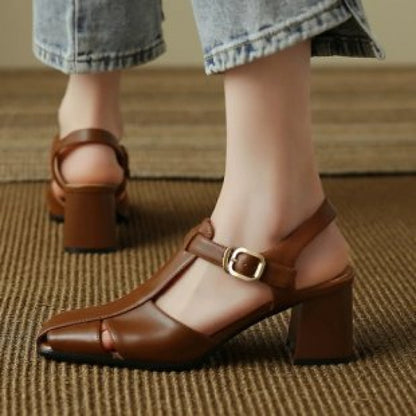 Hollow Retro Closed Toe Chunky Heel Sandals For Women Dark Brown GlamzKart
