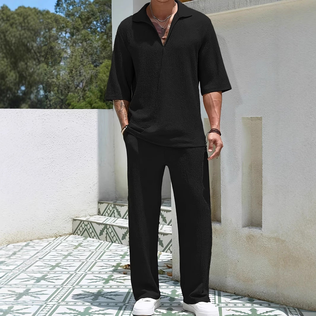 Commuter Men's Casual Shirt Solid Color Half Sleeve Trousers Two-piece Suit Black GlamzKart