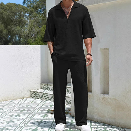 Commuter Men's Casual Shirt Solid Color Half Sleeve Trousers Two-piece Suit Black GlamzKart