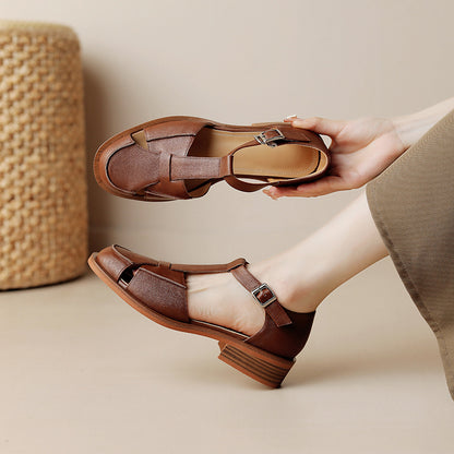 Retro Flat Bottom Women's Sandals Hollowed Toe Box Brown GlamzKart