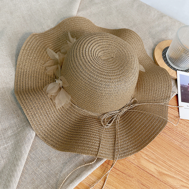 Sun-proof Bow Seaside Vacation Beach Large Straw Hat Khaki GlamzKart