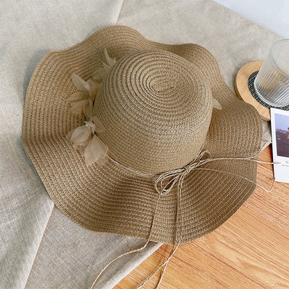 Sun-proof Bow Seaside Vacation Beach Large Straw Hat Khaki GlamzKart